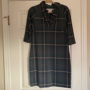 Gretchen Scott EUC Christmas Tartan Plaid Jersey Ruffneck Dress